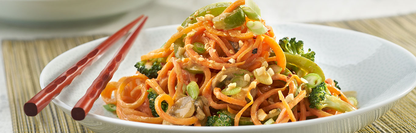 Spiralized Vegetable Noodle Bowls With Peanut Sauce - Domestic Gothess
