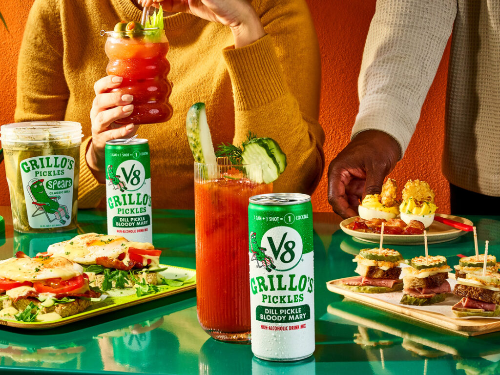 V8 Grillo's Pickles Dill Pickle Bloody Mary Mix on a brunch table