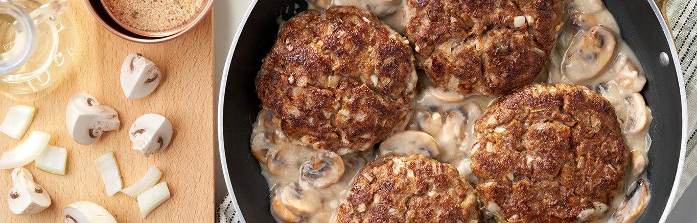 Pan-Seared Pork Burgers with Peppers and Mushrooms