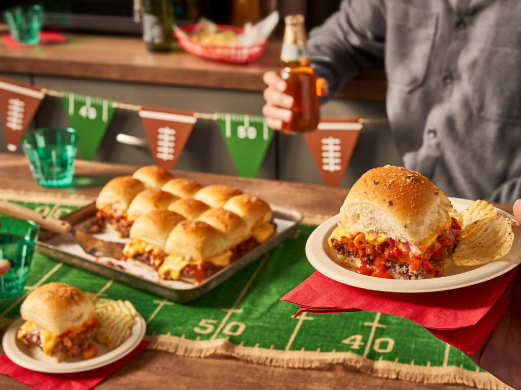 Image of chili mac sliders at a game day party